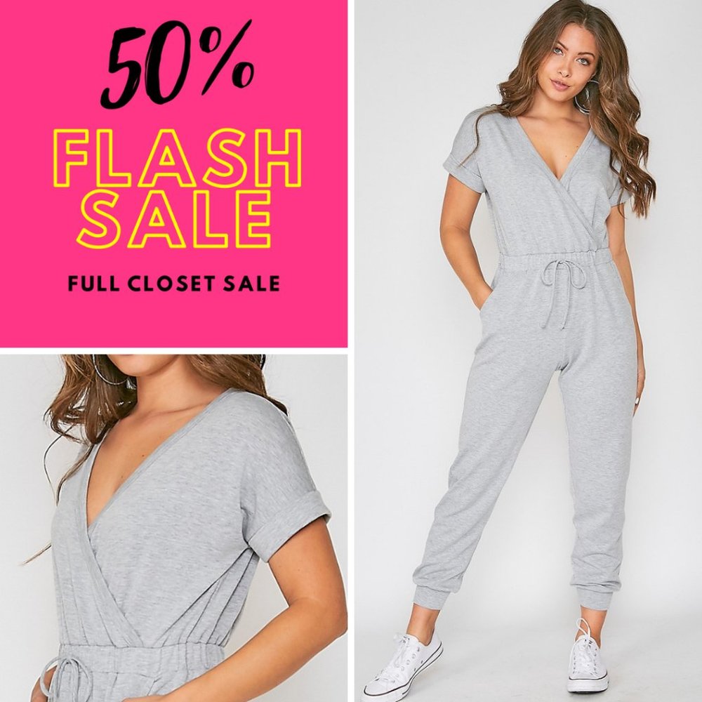 Heather Grey Short Sleeve Jumpsuit with Pockets